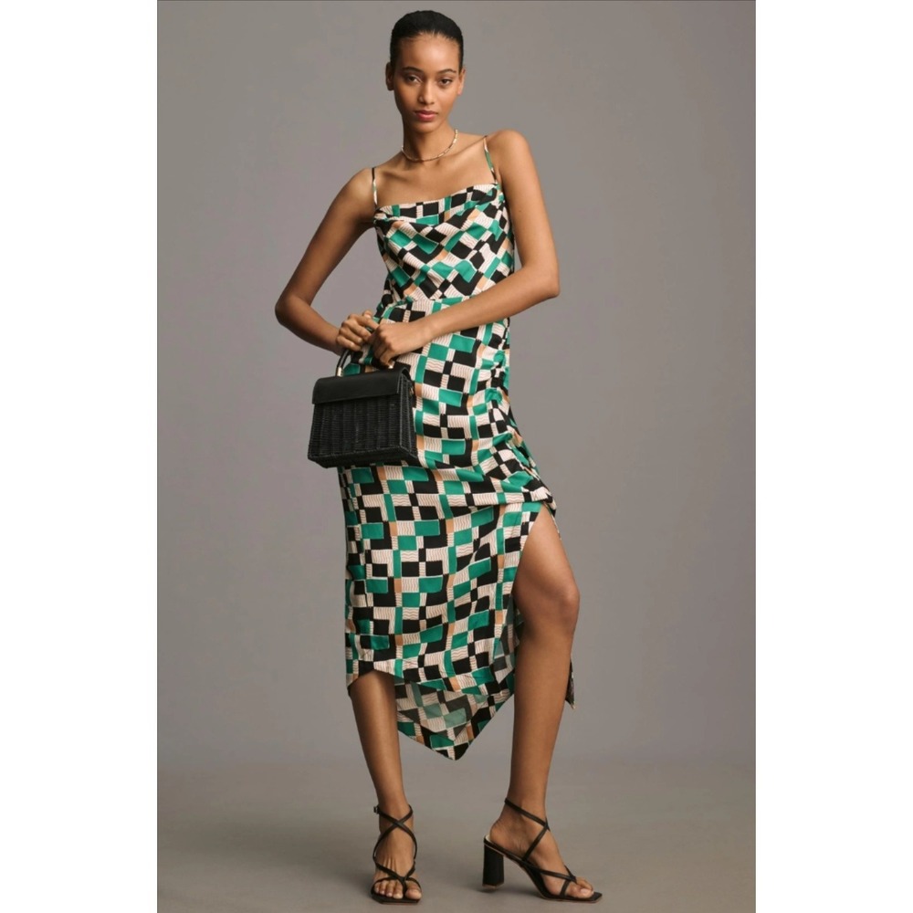 Anthropologie Dress Womens 2 Petite Green Geometric Cowl Slip Midi Ruched Cutout